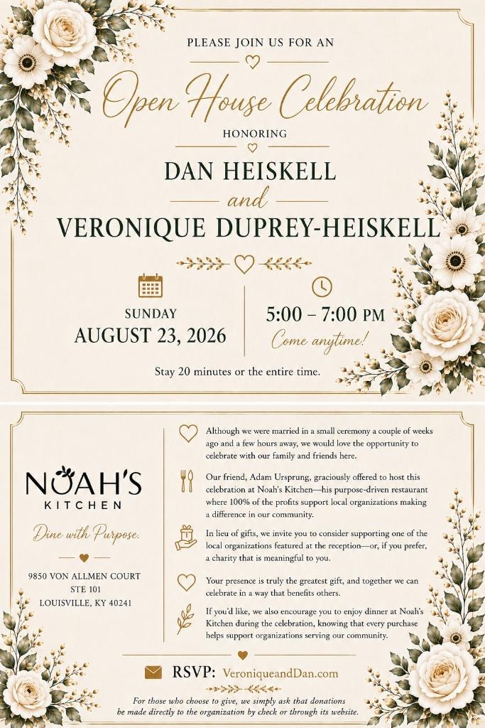 Open House Celebration invitation for Dan Heiskell and Veronique Duprey-Heiskell — Sunday August 23, 2026, 5:00–7:00 PM at Noah's Kitchen, Louisville KY